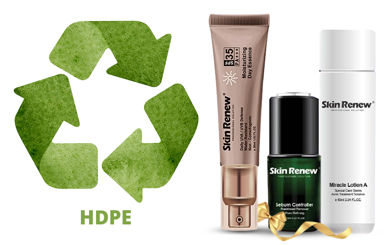 Logo of recyclable HDPE with three Skin Renew skincare products showcasing sustainable practices found.